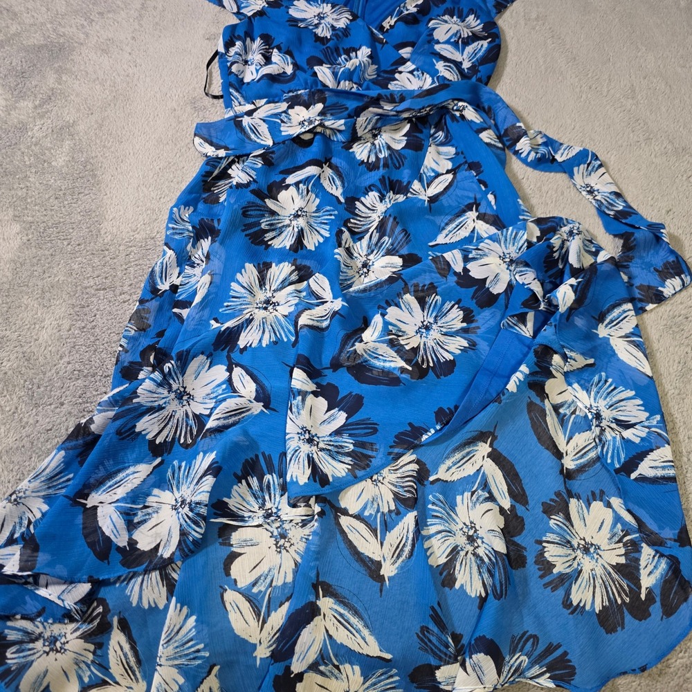 Tommy Hilfiger Womens 8 Midi Dress Blue Floral Flutter Sleeve Faux Wrap Chiffon - Picture 4 of 7